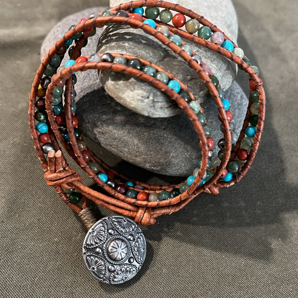 Wrap Bracelet With Gemstone 6mm Beads On Leather Cord